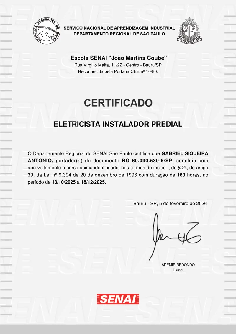 Certificado: Eletricista instalador predial